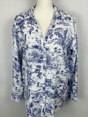Joie Blue Tropical Toile Print Linen Button Down Shirt Swim Coverup Large Beach